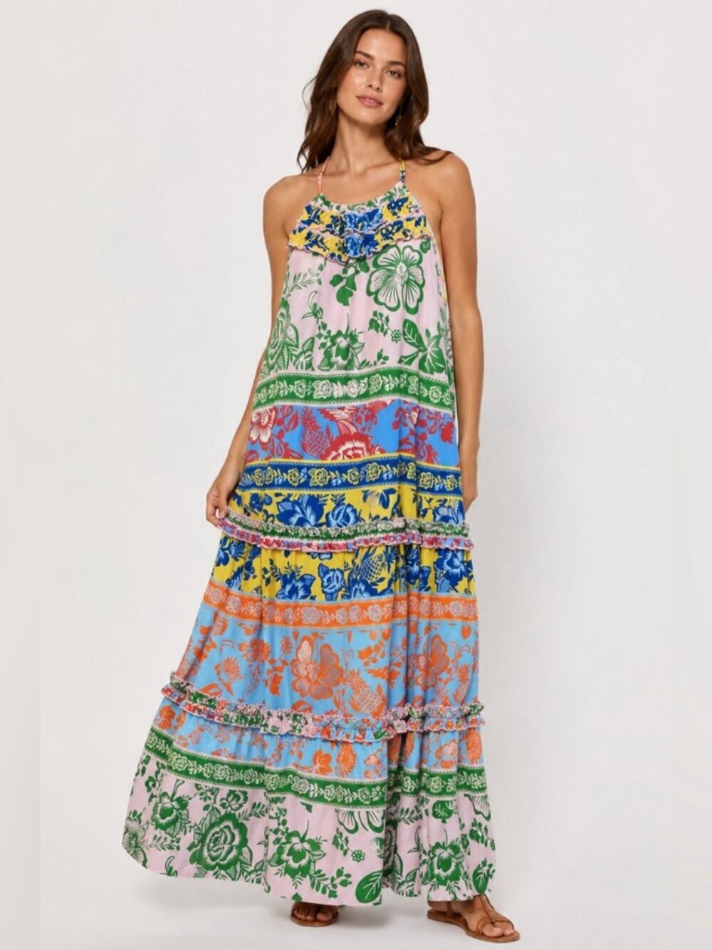 NEW Grace Karin Colorblock Floral Maxi Dress Tiered Ruffle Boho Size Medium